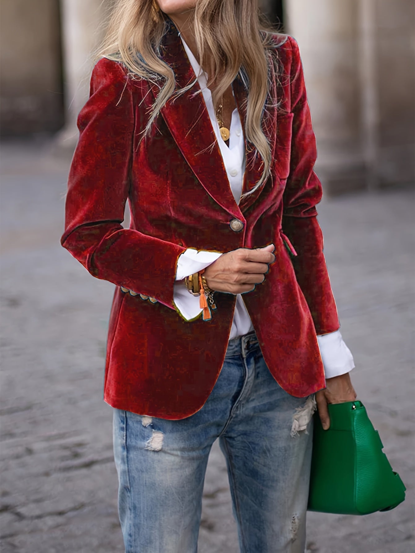 Elegant Velvet Blazer with Gold Button Details - Modern Luxury Style