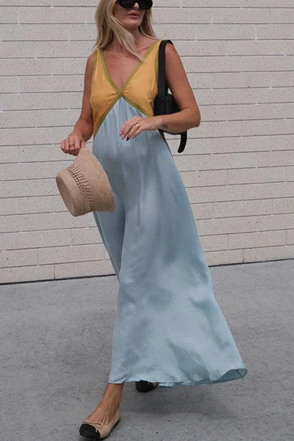 Stylish V-neck Colorblock Dress Elegant
