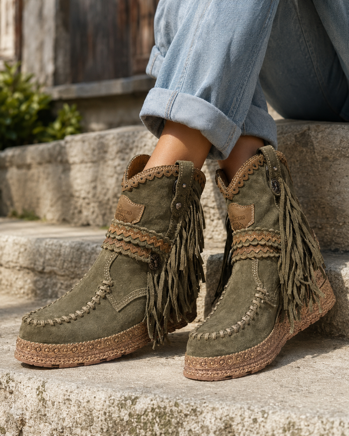 Γυναικεία Δερμάτινα Μποτάκια Boho Western με Κρόσσια