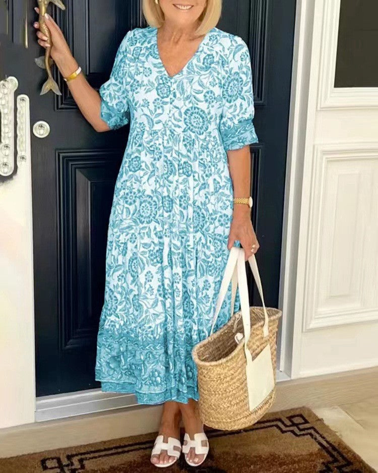 Women's A-Line Floral Midi Dress with V-Neckline