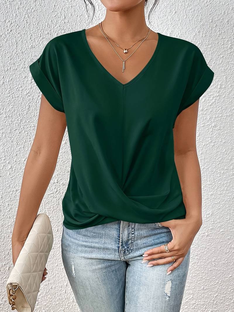 Women's Short-Sleeve V-Neck Blouse with Twist-Knot Hem