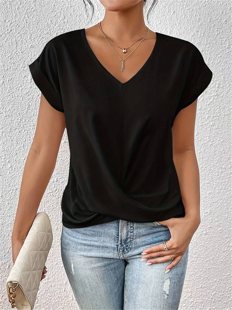 Women's Short-Sleeve V-Neck Blouse with Twist-Knot Hem