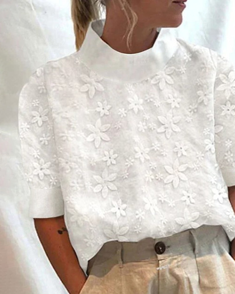 Blouse à col montant brodée de fleurs pour femmes