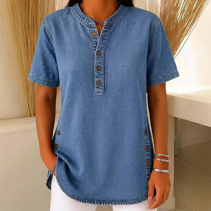 Women’s Short Sleeve Henley Tunic Top with Side Slits