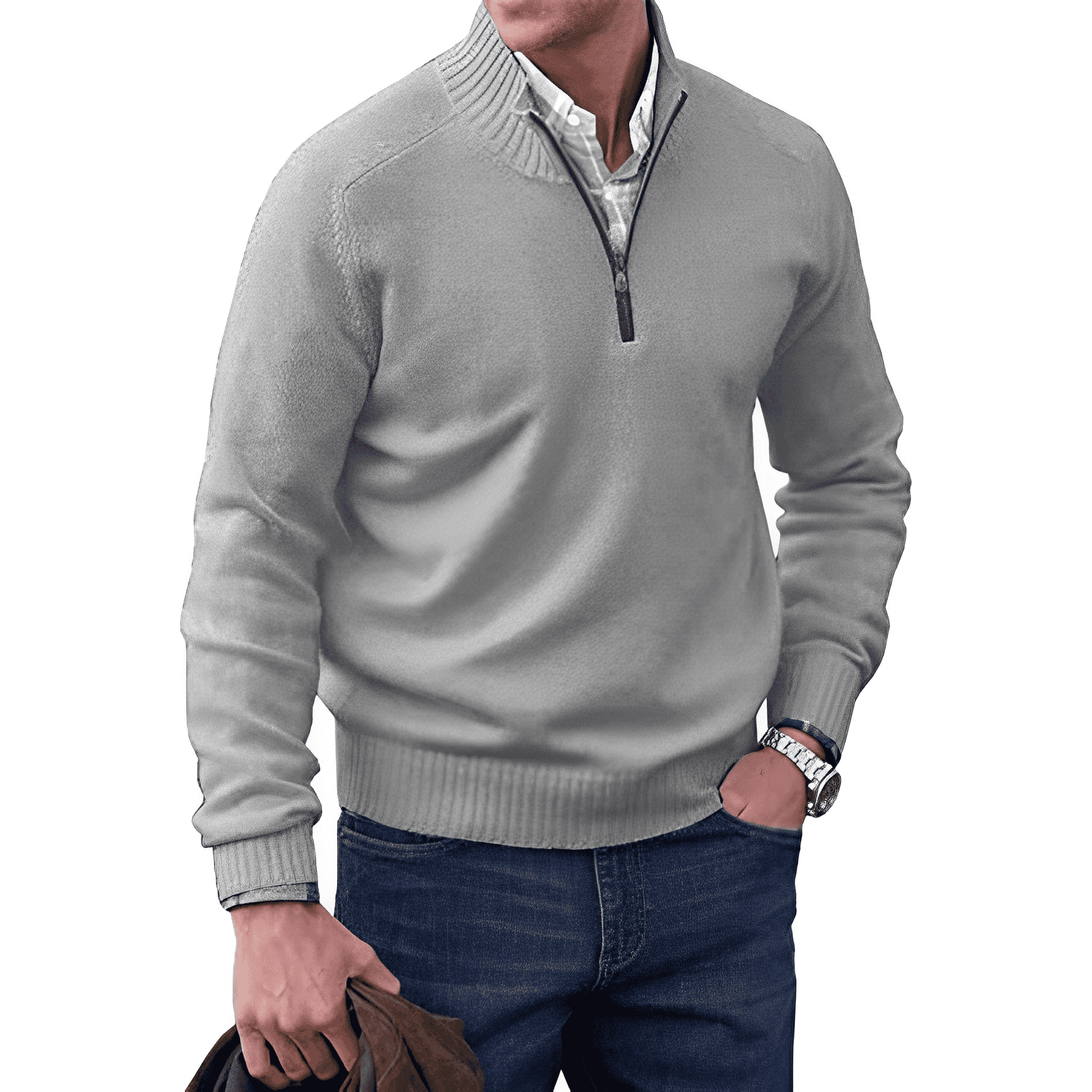 Maglione da uomo con zip a un quarto e dettagli a coste