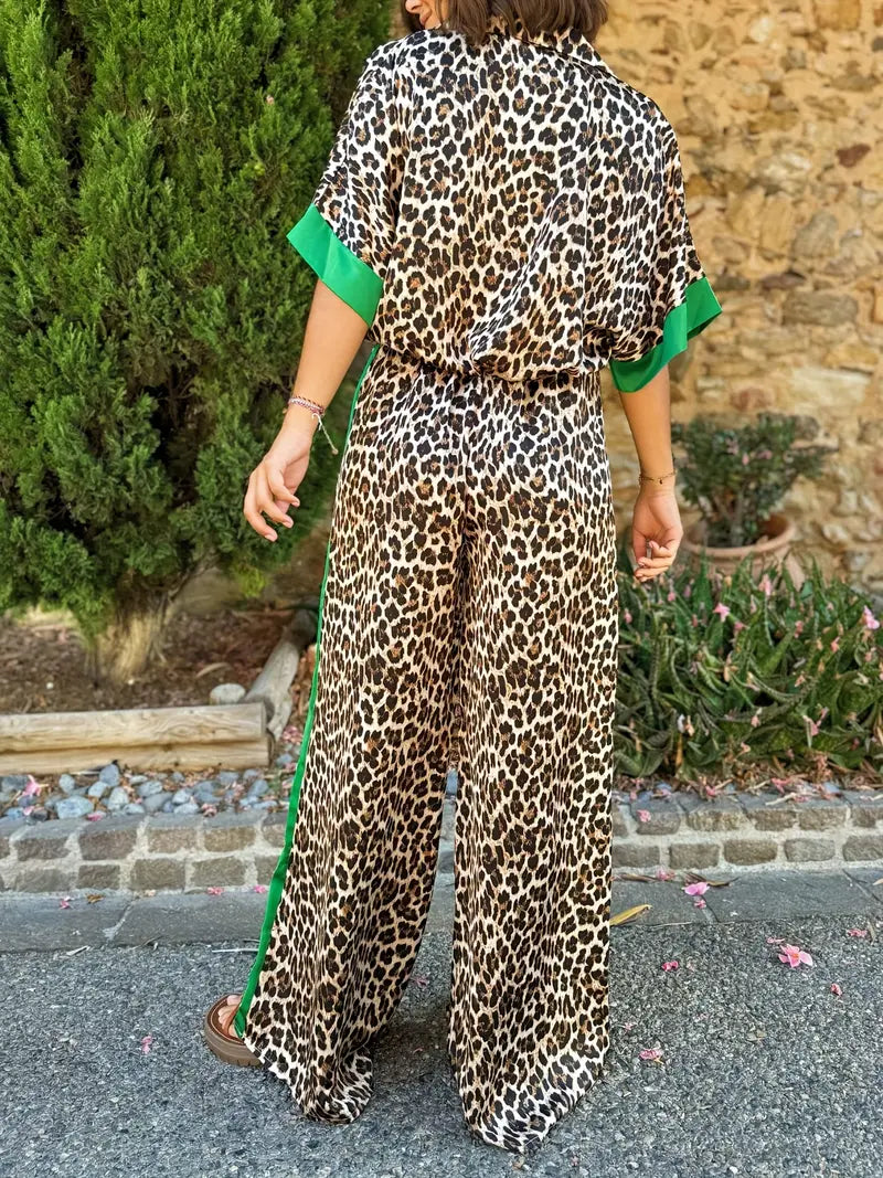 Women's Leopard Print Wide Leg Jumpsuit with V-Neck