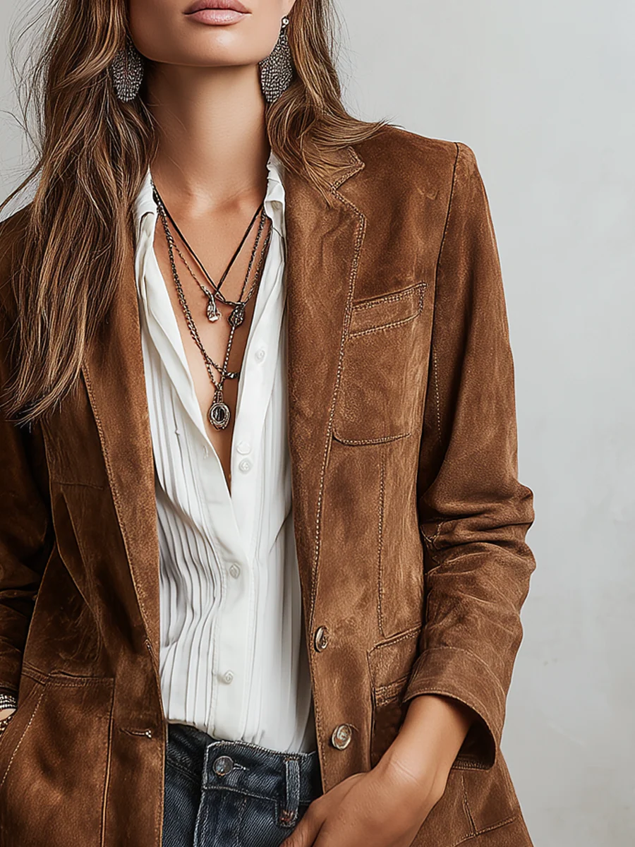 Blazer vintage de ante sintético para mujer con cierre frontal de botones