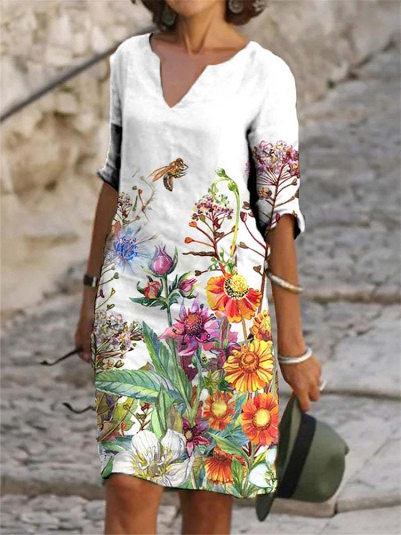 Women’s 3/4 Sleeve V-Neck Tunic Mini Dress