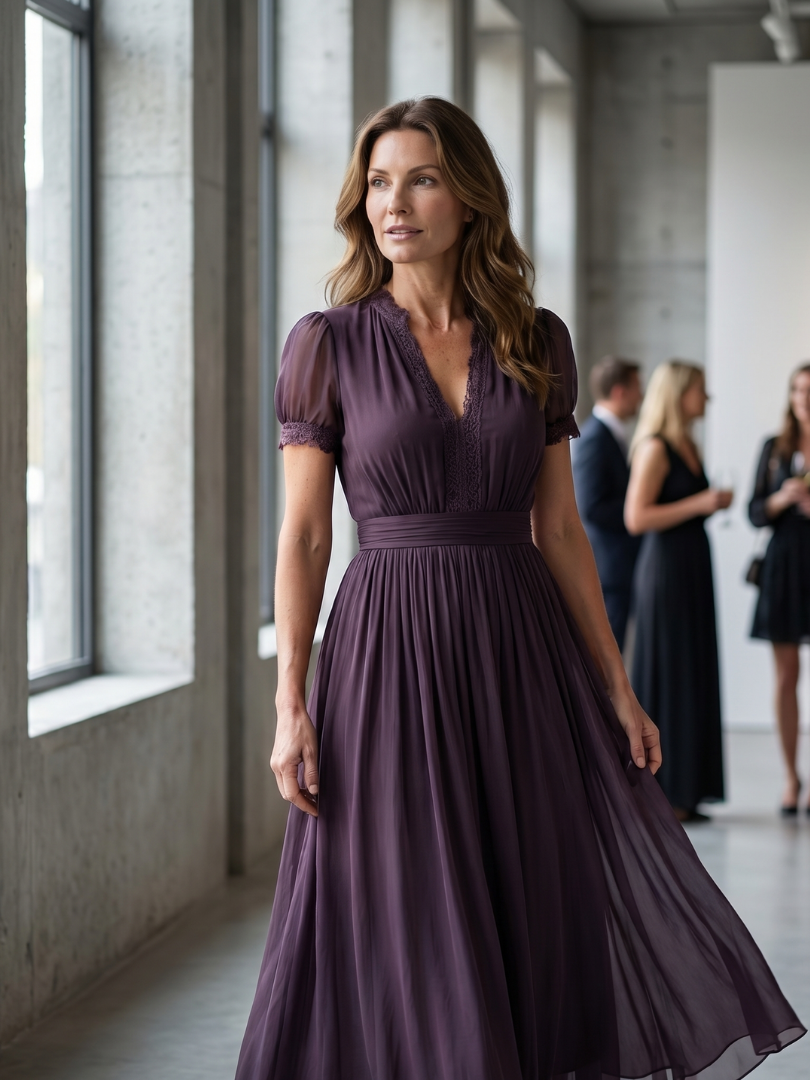 Robe maxi plissée pour femme avec col en V orné de dentelle
