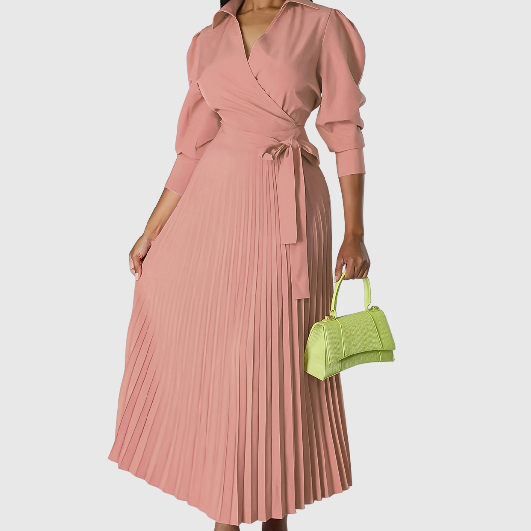 Women's Pleated Wrap Midi Dress with Tie Waist