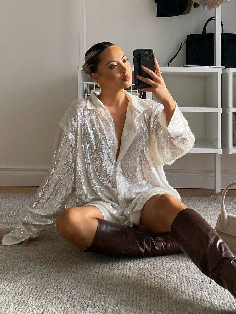 Chemisier oversize à sequins et boutonné pour femme
