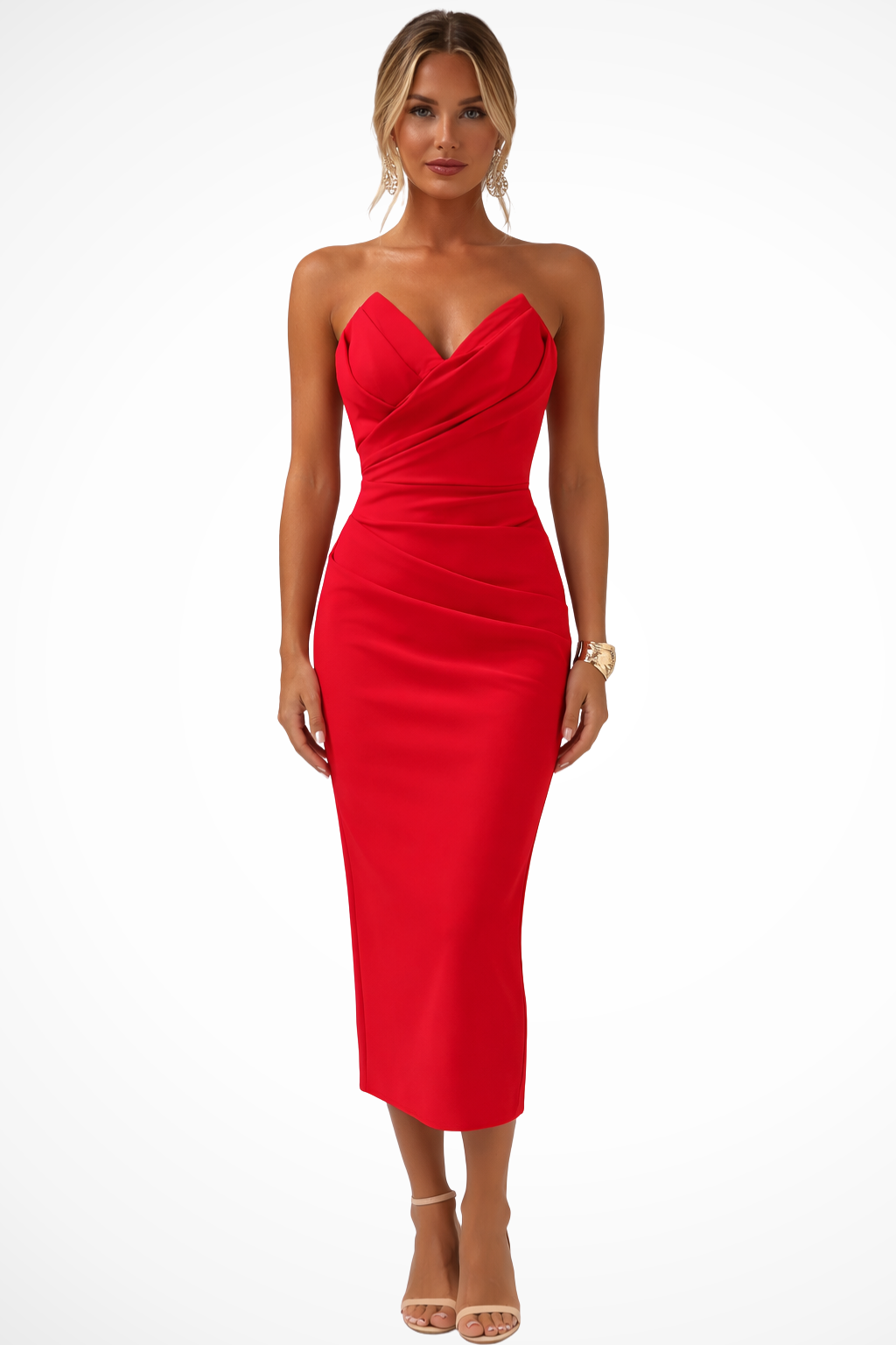 Women's Strapless Sweetheart Neckline Ruched Midi Dress