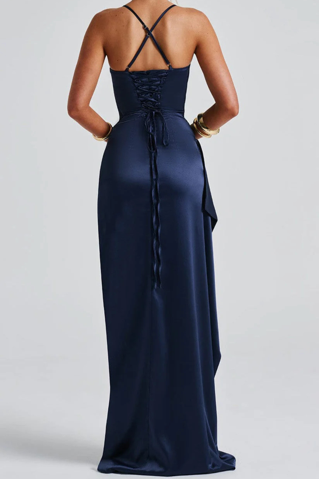 Elegant Women’s Spaghetti Strap Ruched Maxi High Slit Wedding Guest Dress