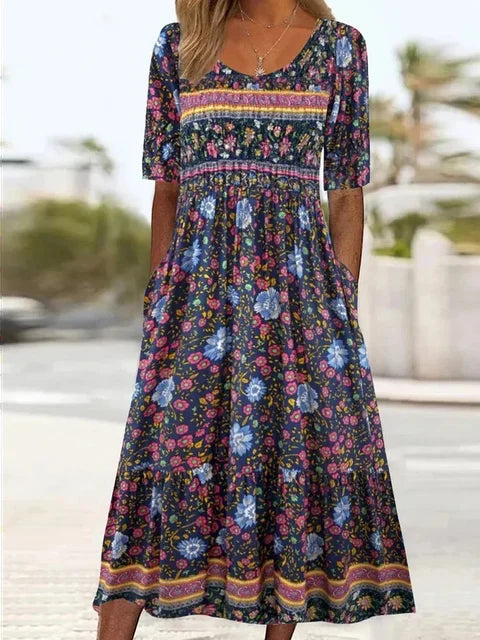 Women's Boho Print Square Neck Shirred Midi Dress