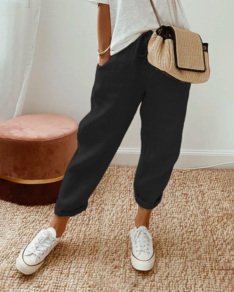  Pantalon femme à coupe décontractée et taille haute avec poches