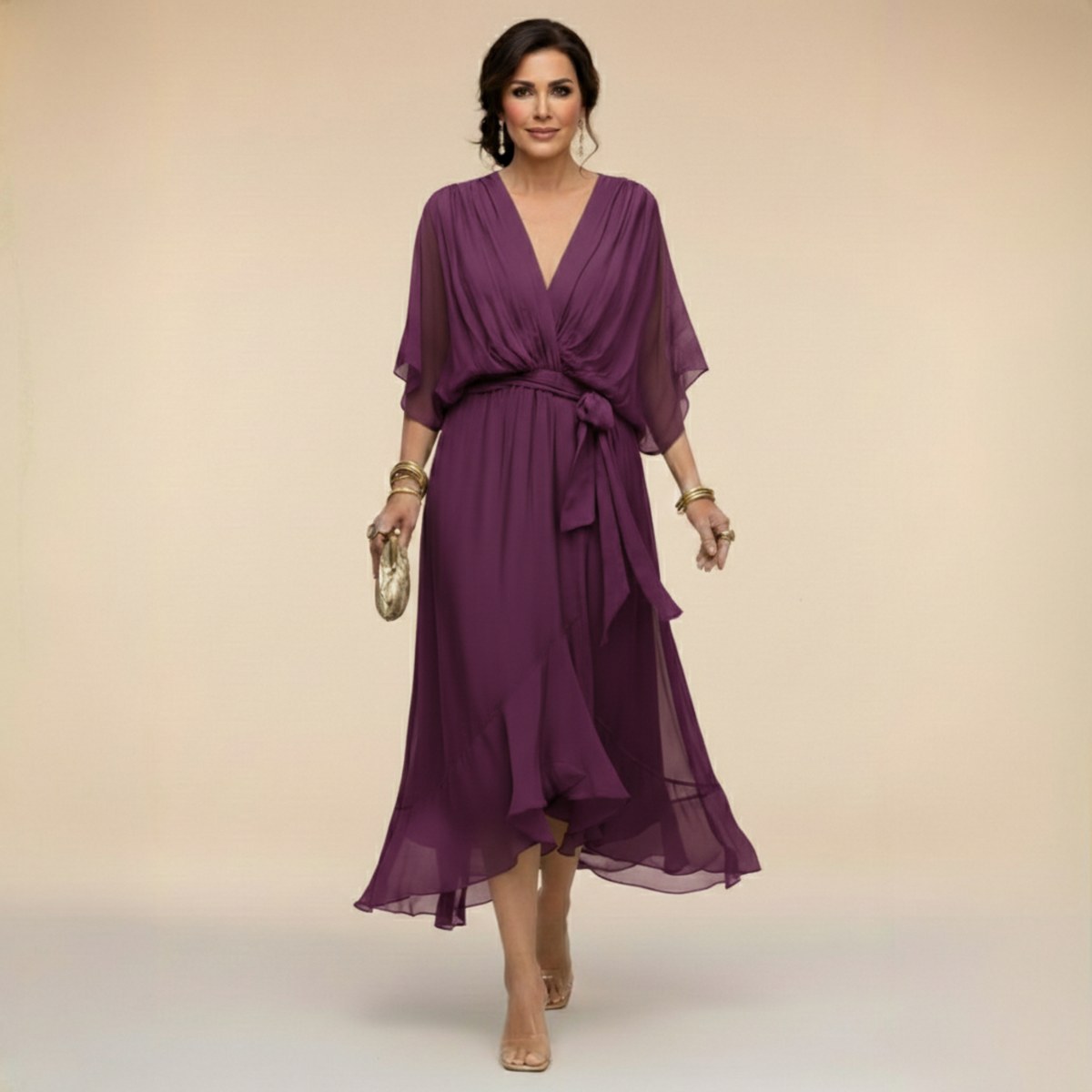 Women's Midi Dress with V-Neck and Adjustable Waist