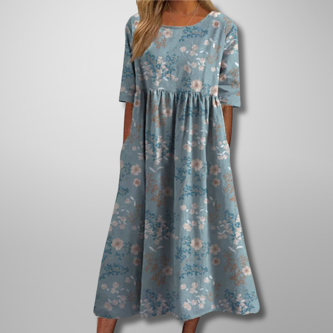 Women's Floral Print Midi Dress with Round Neck