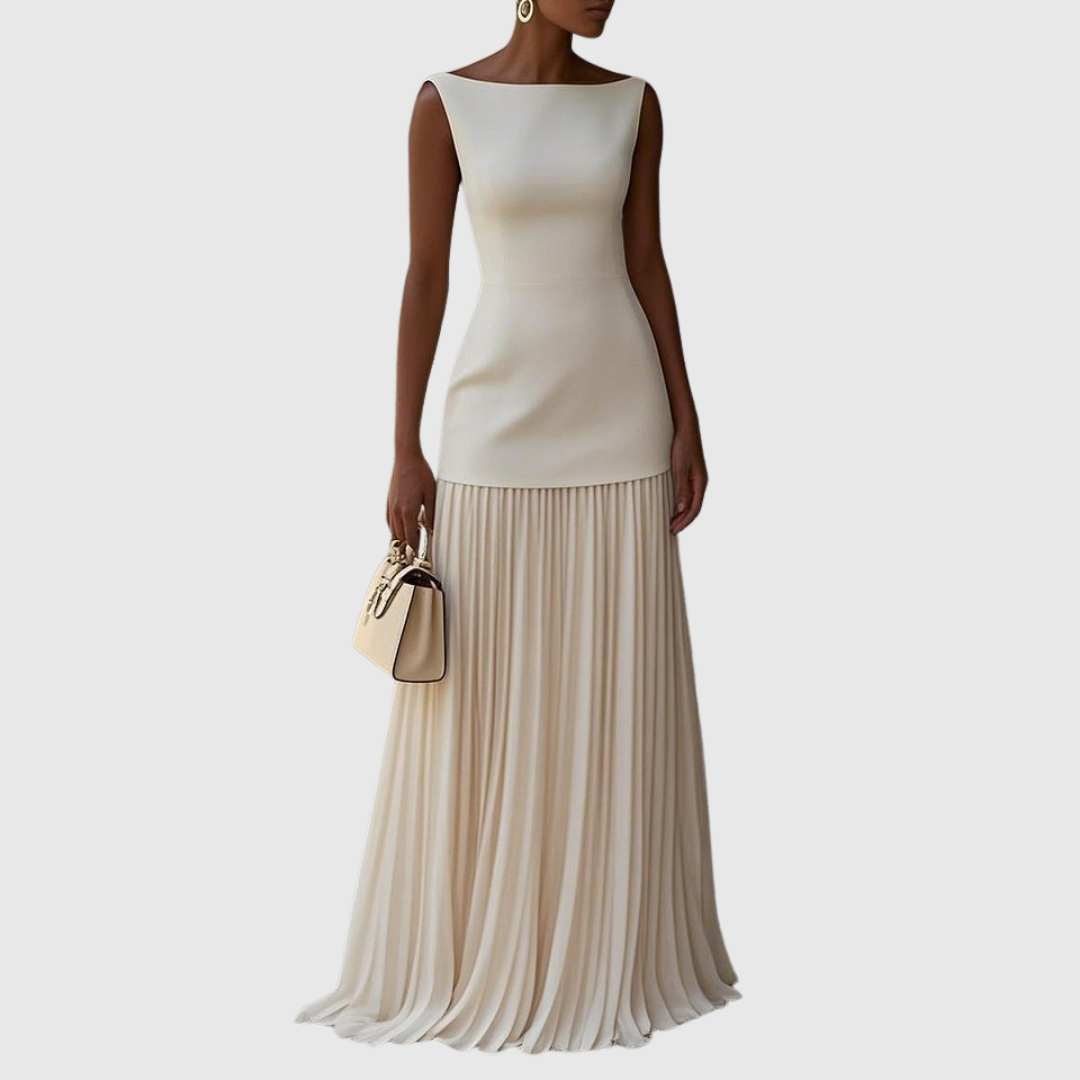 Robe longue plissée pour femme avec encolure bateau