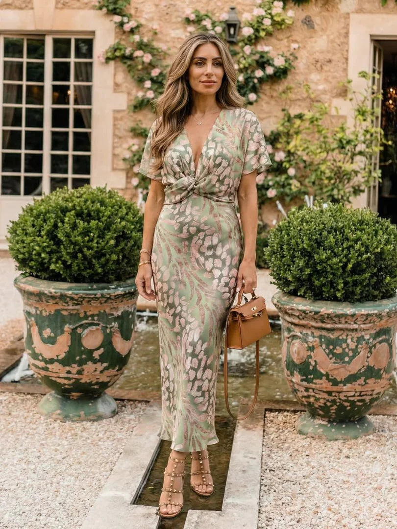 Women's Abstract Print Midi Dress with Twist Waist