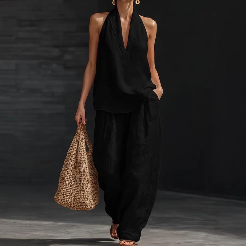 Ensemble composé d’un haut dos nu sans manches et d’un pantalon à jambes larges pour femme