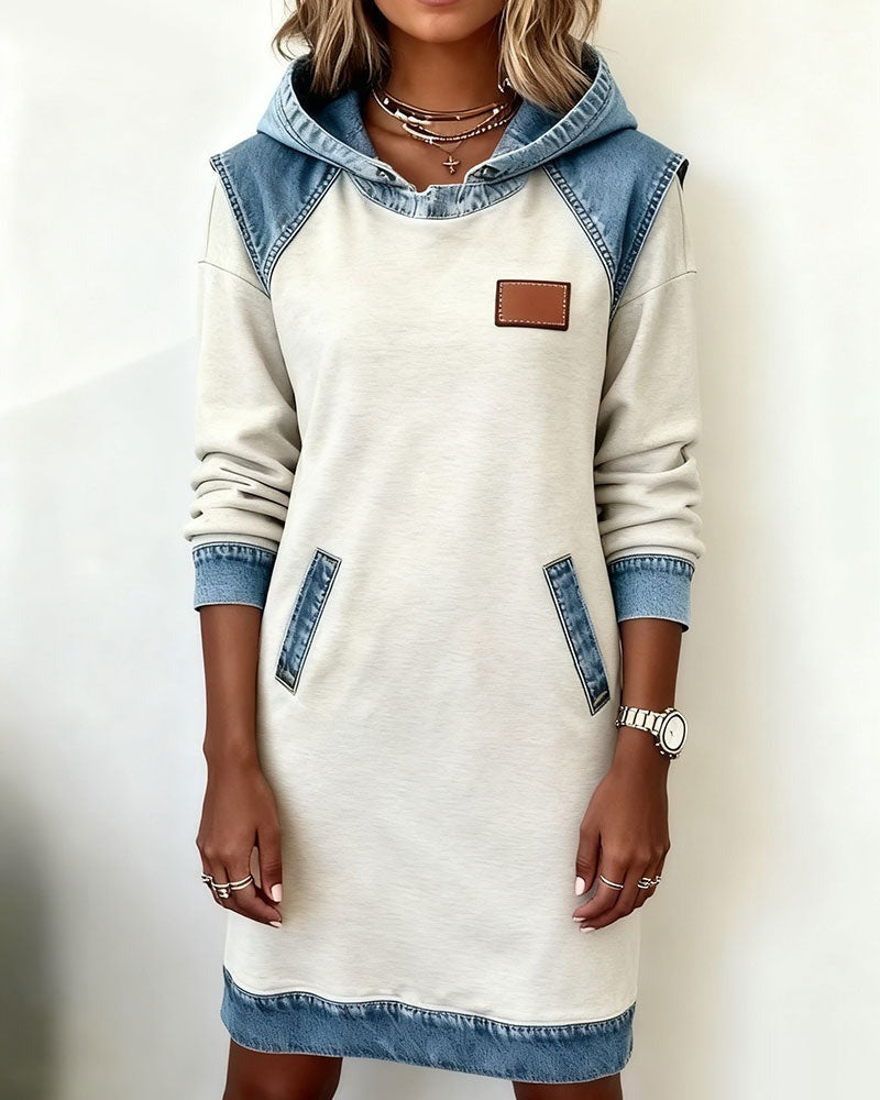 Women's Hooded Denim Accent Sweatshirt Dress with Pockets