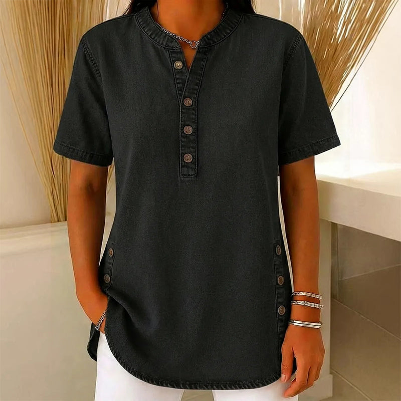Women’s Short Sleeve Henley Tunic Top with Side Slits