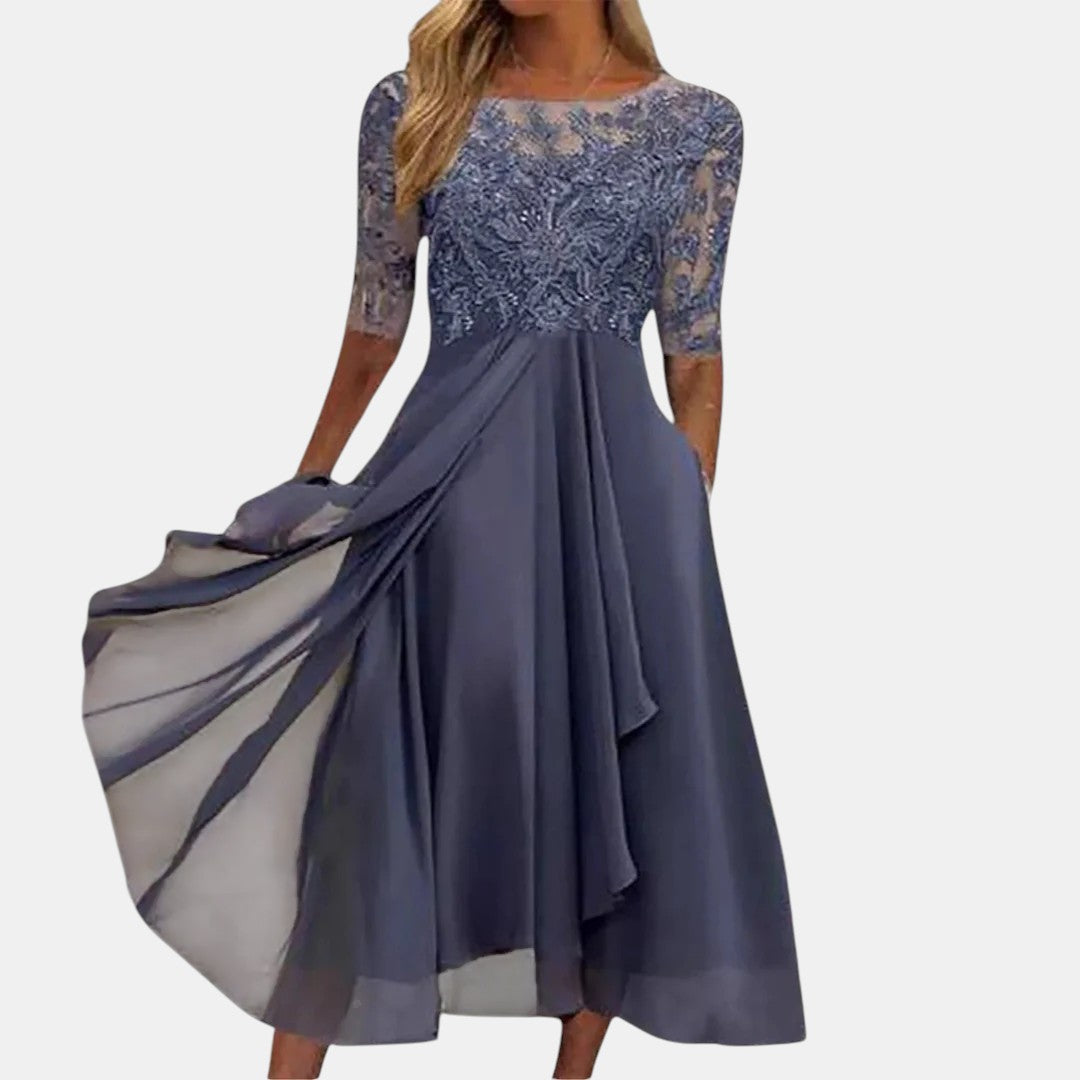 Women's Elegant Lace Bodice 3/4 Sleeve Midi Dress