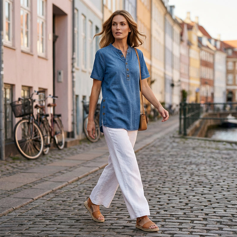 Women’s Short Sleeve Henley Tunic Top with Side Slits