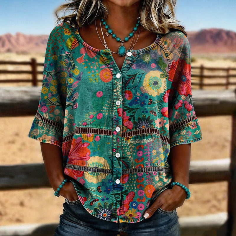 Women's Boho Floral Print Button-Front Blouse