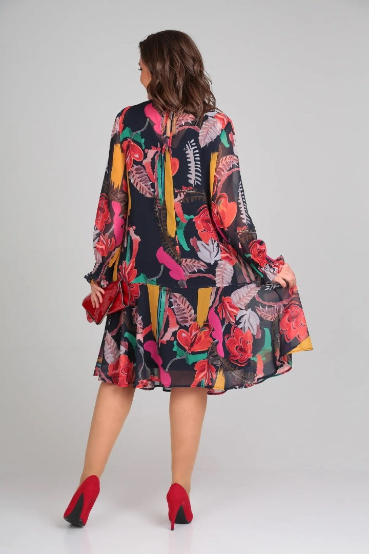 Robe évasée en chiffon à fleurs vives pour femme