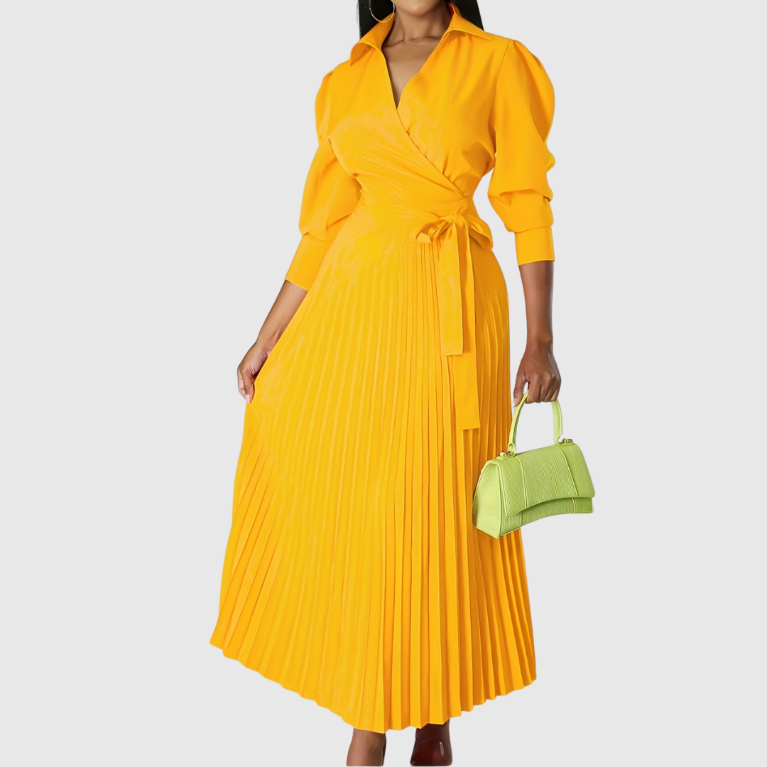 Women's Pleated Wrap Midi Dress with Tie Waist