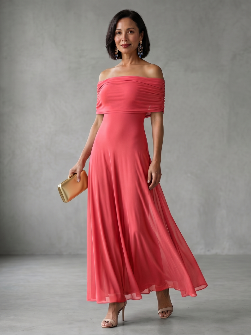 Women's Off Shoulder Midi Dress with Draped Bodice