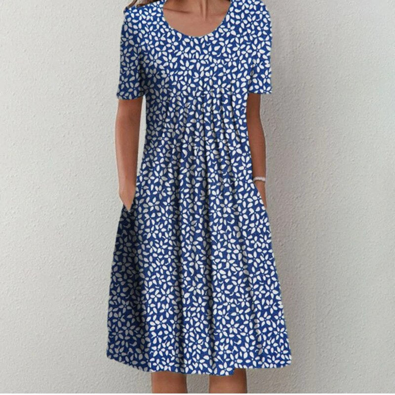 Abito estivo casual da donna con fiori, linea ad A e lunghezza midi