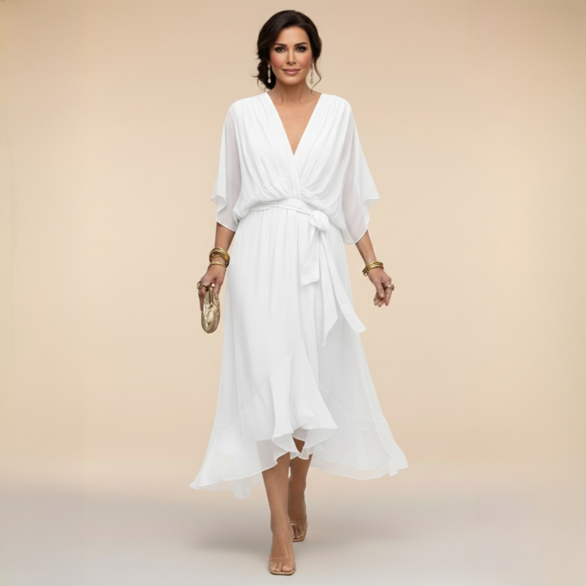 Women's Midi Dress with V-Neck and Adjustable Waist