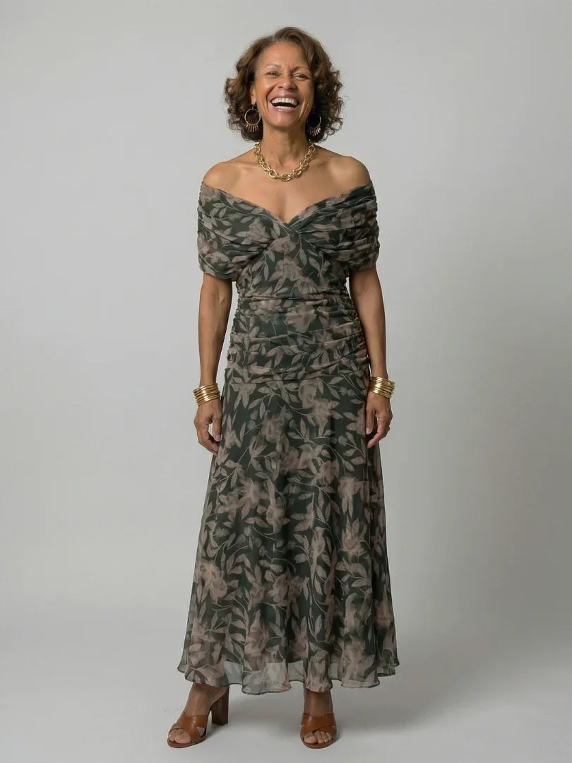 Robe maxi en mesh floral pour femme avec corsage froncé