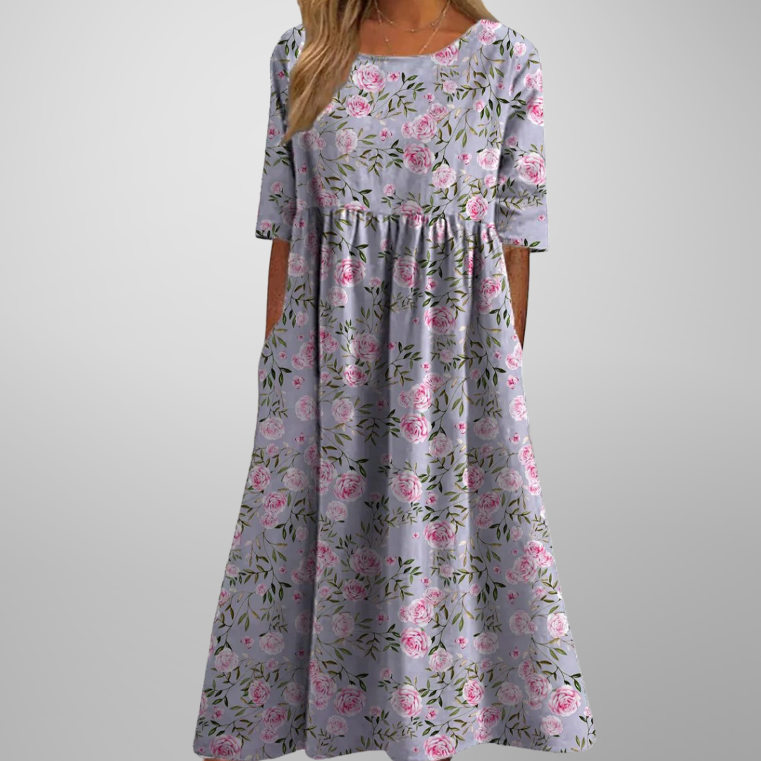 Relaxed Floral Print Midi Dress with Short Sleeves for Women