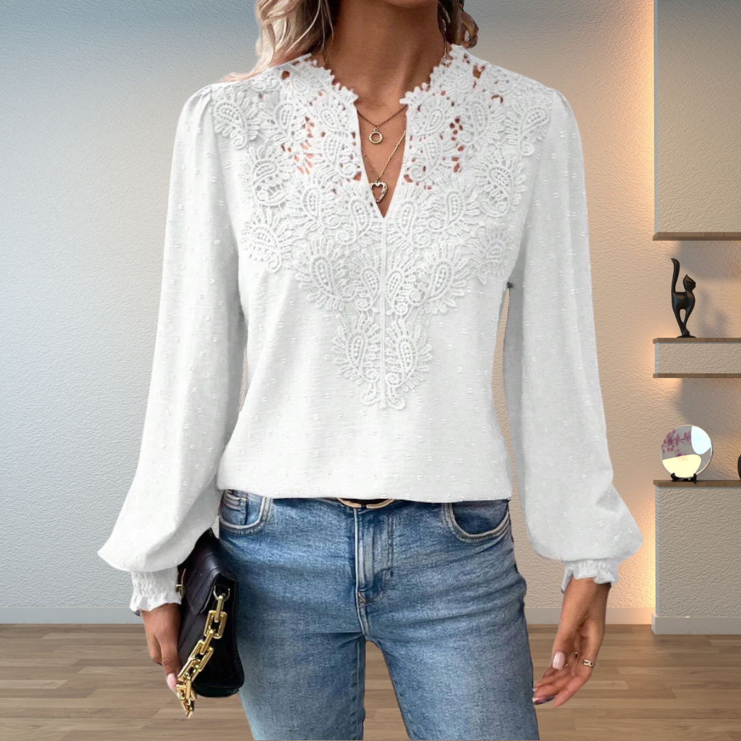 Blouse à manches longues pour femme avec col en V et broderie