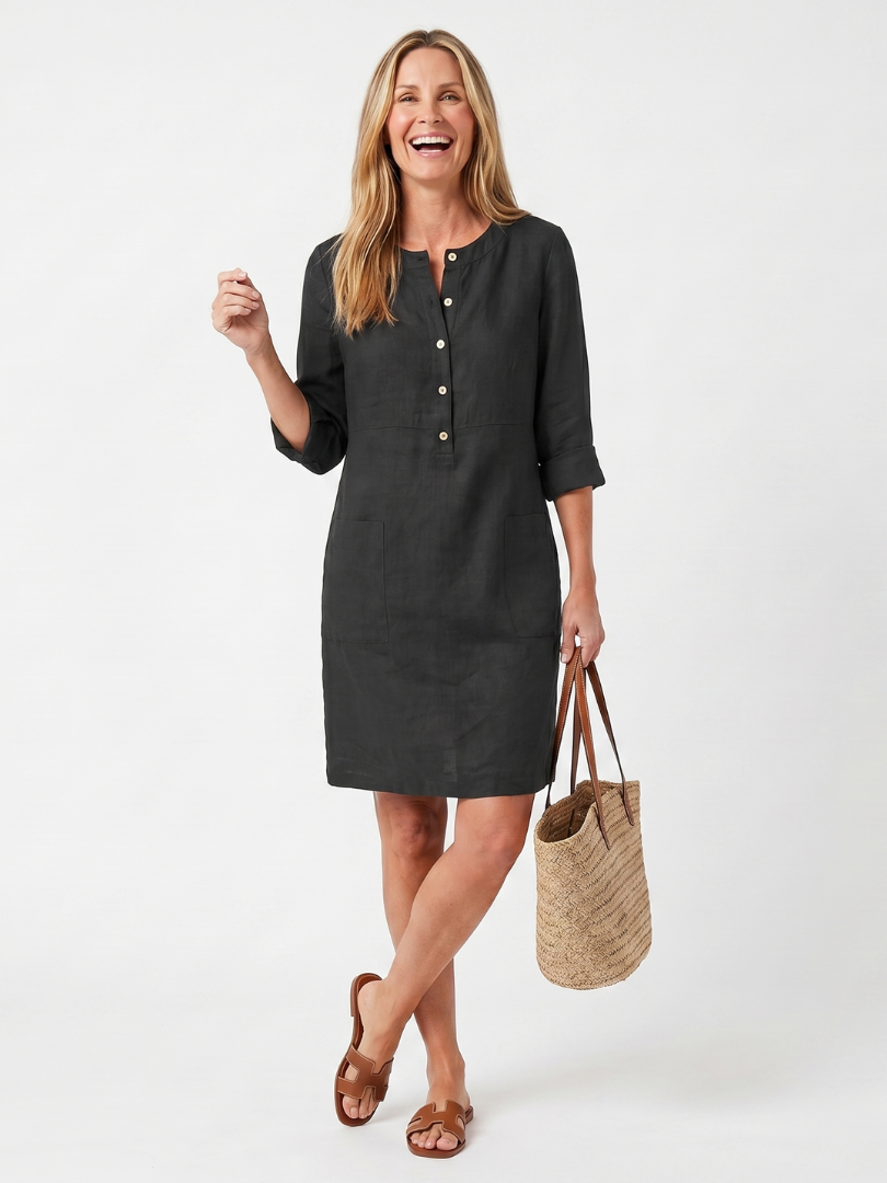 Women's Casual V-Neck Shift Dress with 3/4 Sleeves