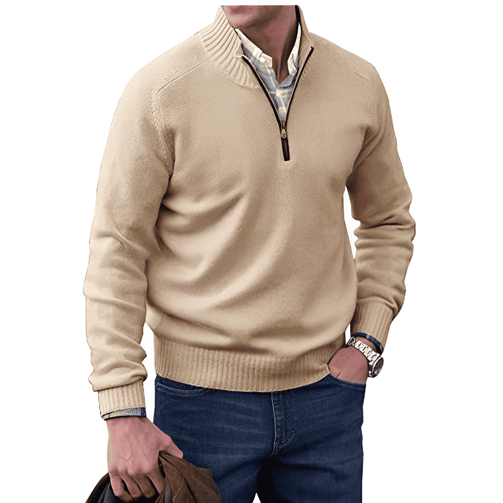 Maglione da uomo con zip a un quarto e dettagli a coste