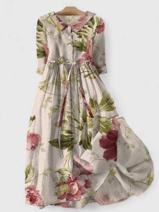 Women's Button Front Floral Midi Dress with Peter Pan Collar