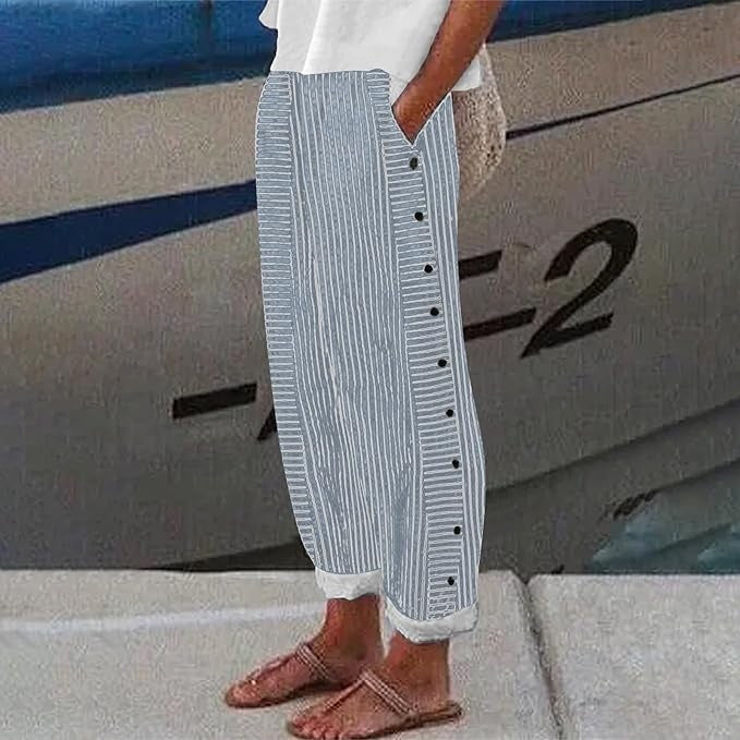 Pantalon Rayé en Lin et Coton Sera pour Femme, Décontracté