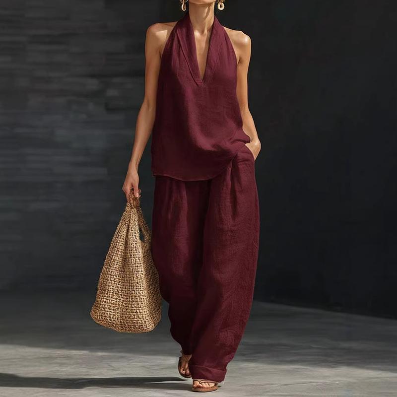Ensemble composé d’un haut dos nu sans manches et d’un pantalon à jambes larges pour femme