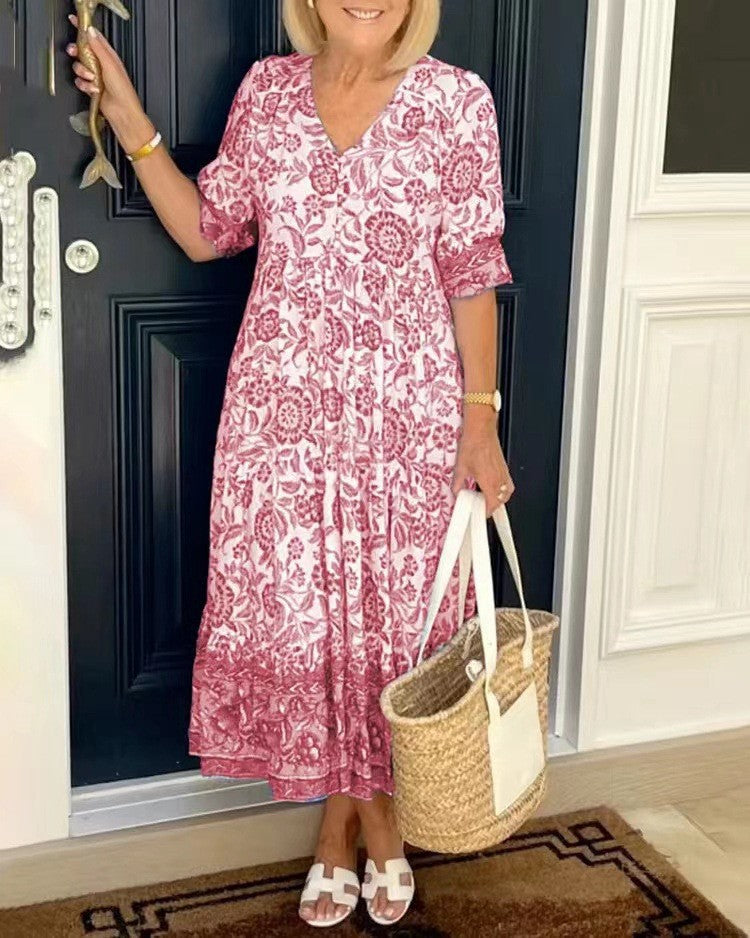 Women's A-Line Floral Midi Dress with V-Neckline
