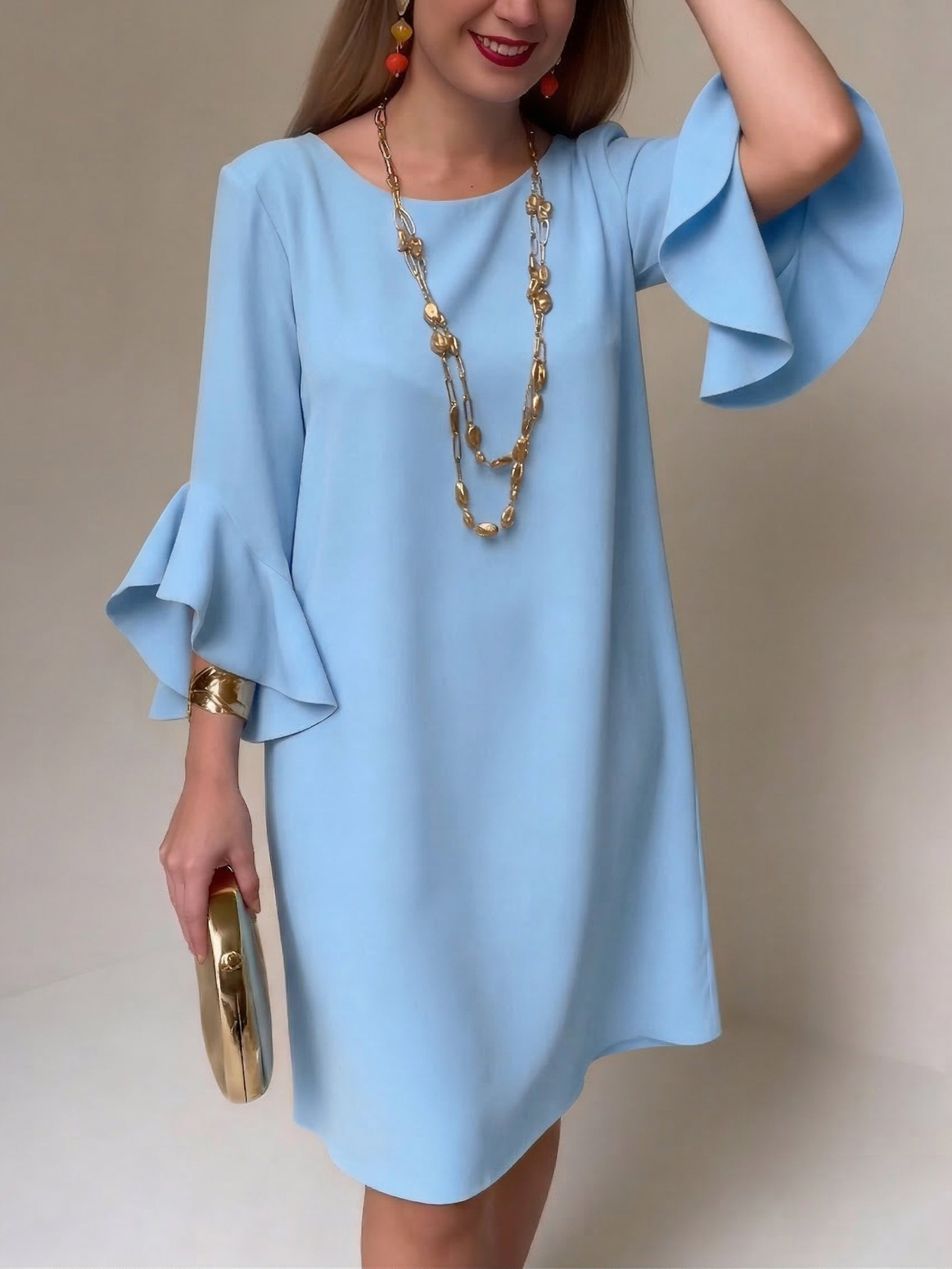 Robe midi fluide pour femme à manches volantées