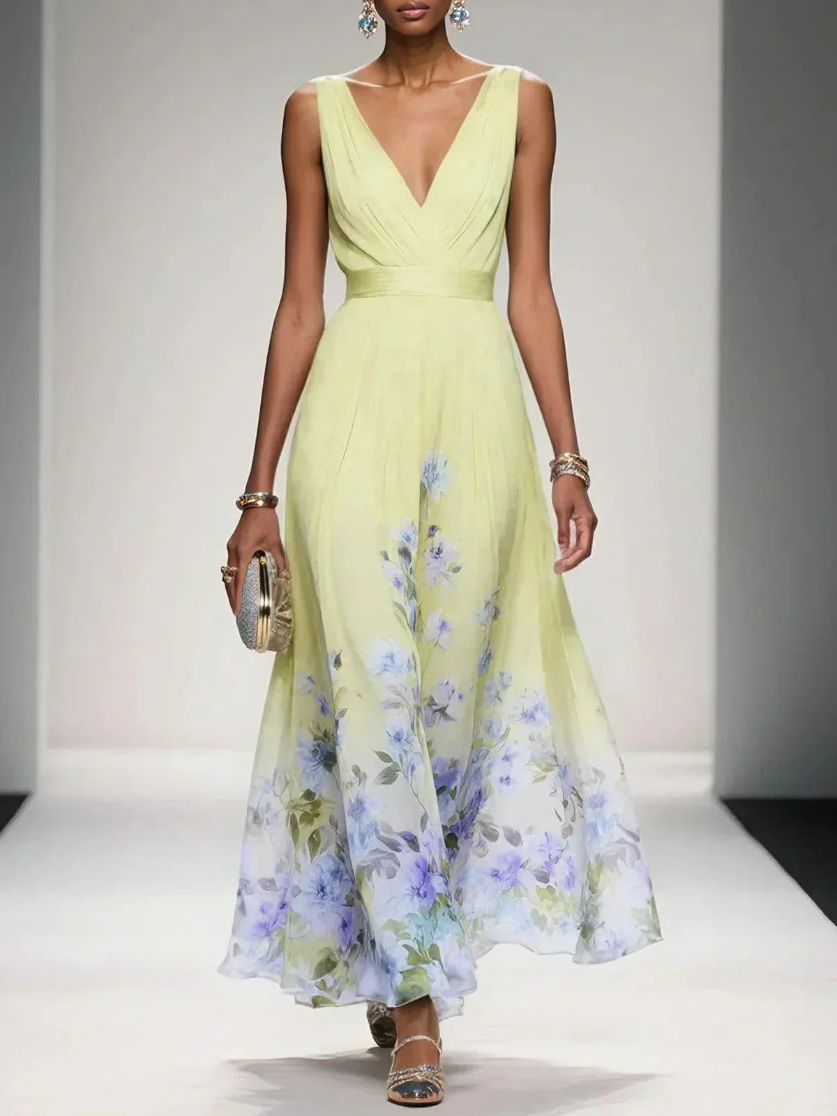Robe midi fleurie à décolleté plongeant pour femmes