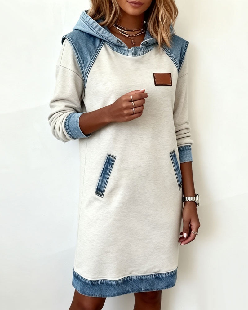 Women's Hooded Denim Accent Sweatshirt Dress with Pockets