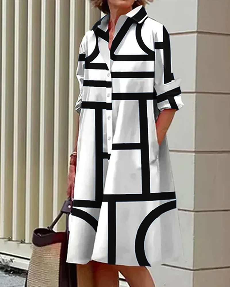 Abito midi da donna con tasche e stampa geometrica