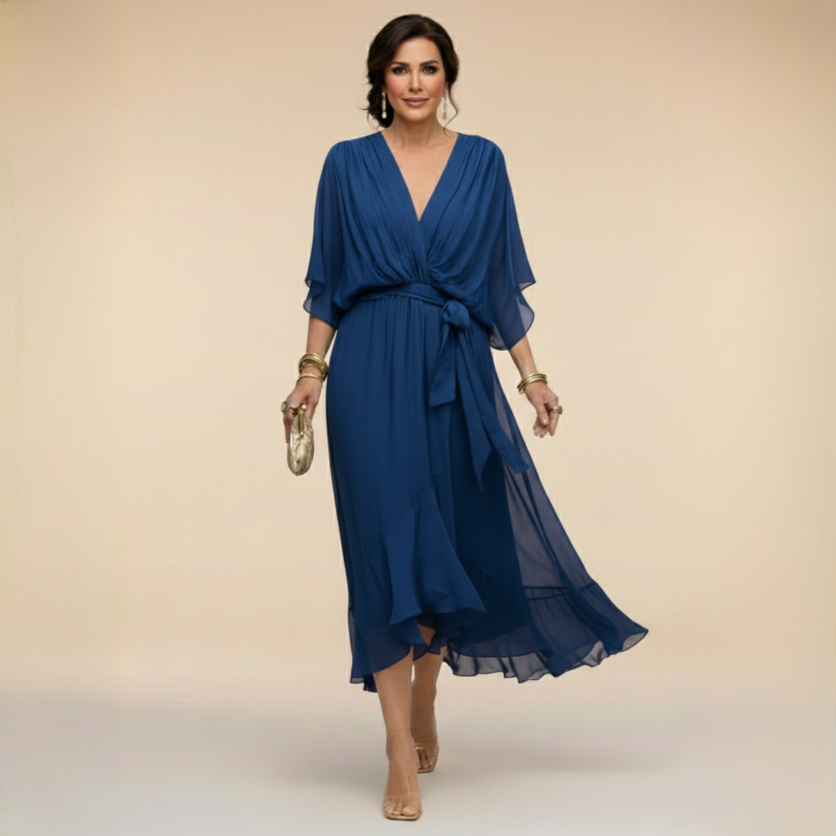 Women's Midi Dress with V-Neck and Adjustable Waist