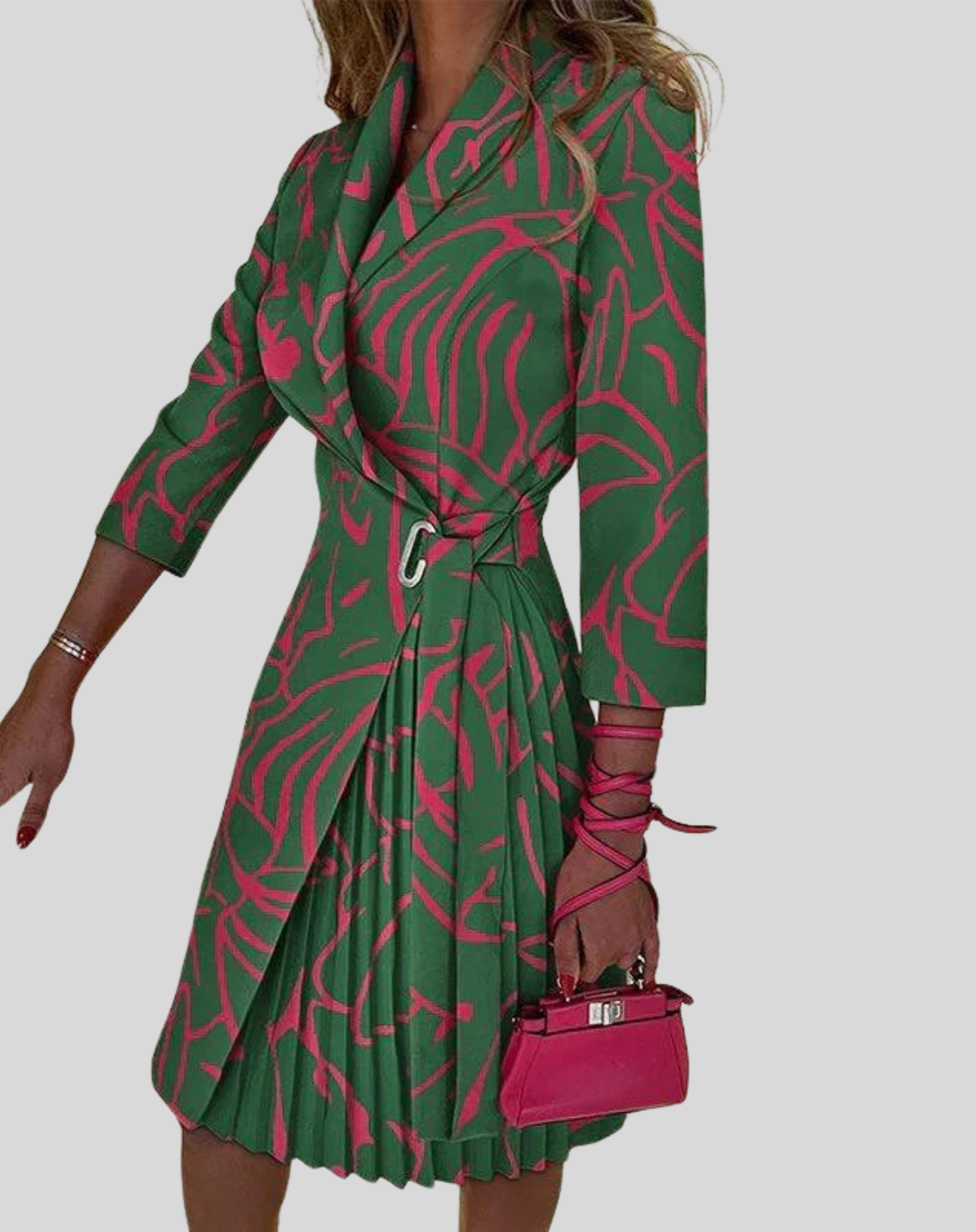 Women's Long Sleeve Belted Pleated Midi Dress