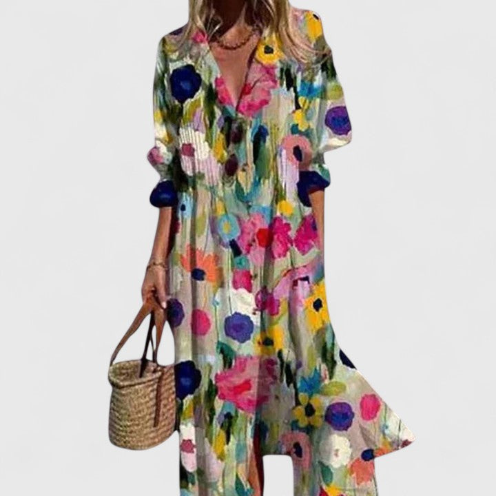 Robe longue bohème imprimée pour femme à manches trois-quarts